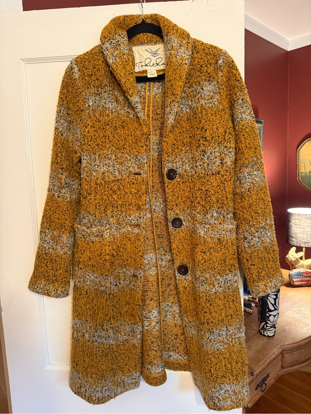 Anthropologie Tabitha Mustard and Gray Bouclé Button-Front Peacoat